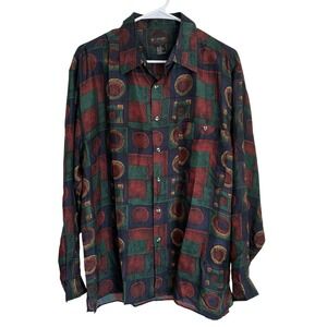 Vintage 90's 100% Silk Mens Medium Abstract Geometric Retro Button Down Shirt